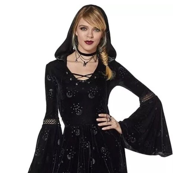 Plus Size 2X Coven Black Velvet Hooded Dress Spirit Stars Moon Celestial Witch - Picture 12 of 14